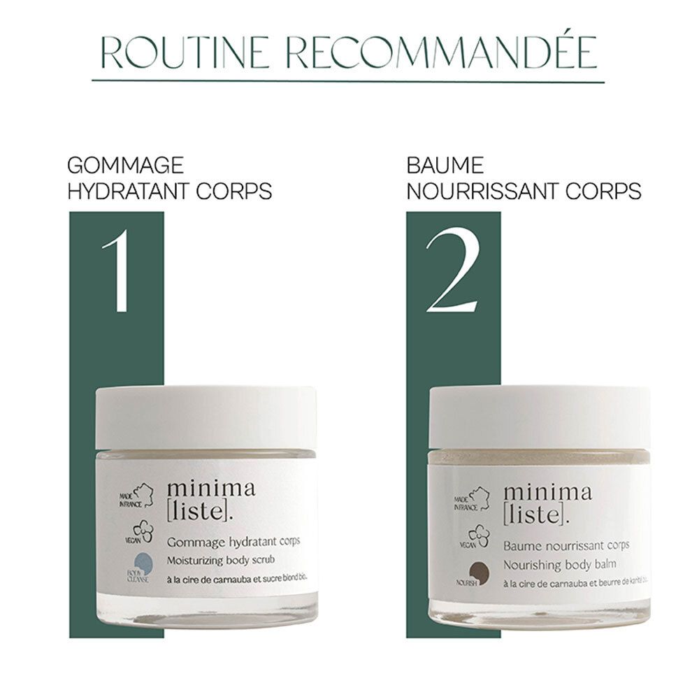 Deux pots avec couvercle blanc. Inscription: minima[liste]. Baume nourrissant corps. Gommage hydratant corps. Routine recommandée.