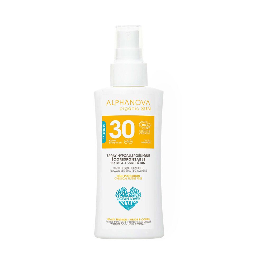 Witte zonnebrandspray met spuitkop. Geel etiket met SPF 30 en bio-certificering. Tekst: Spray hypoallergeen, eco-verantwoord.