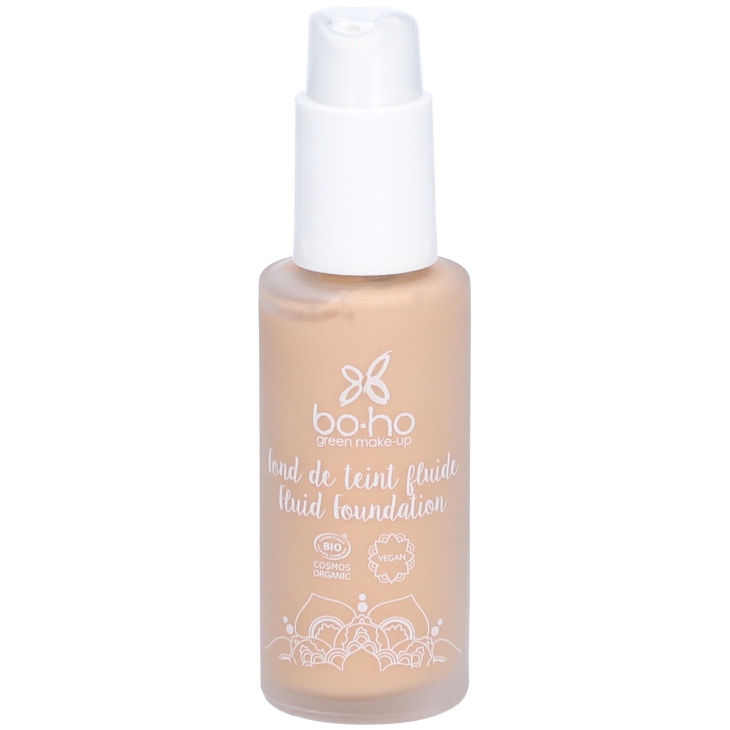 Fond de teint fluide bo-ho green make-up. Teinte beige doré. Flacon avec pompe et bouchon blanc. Certifié bio et vegan.