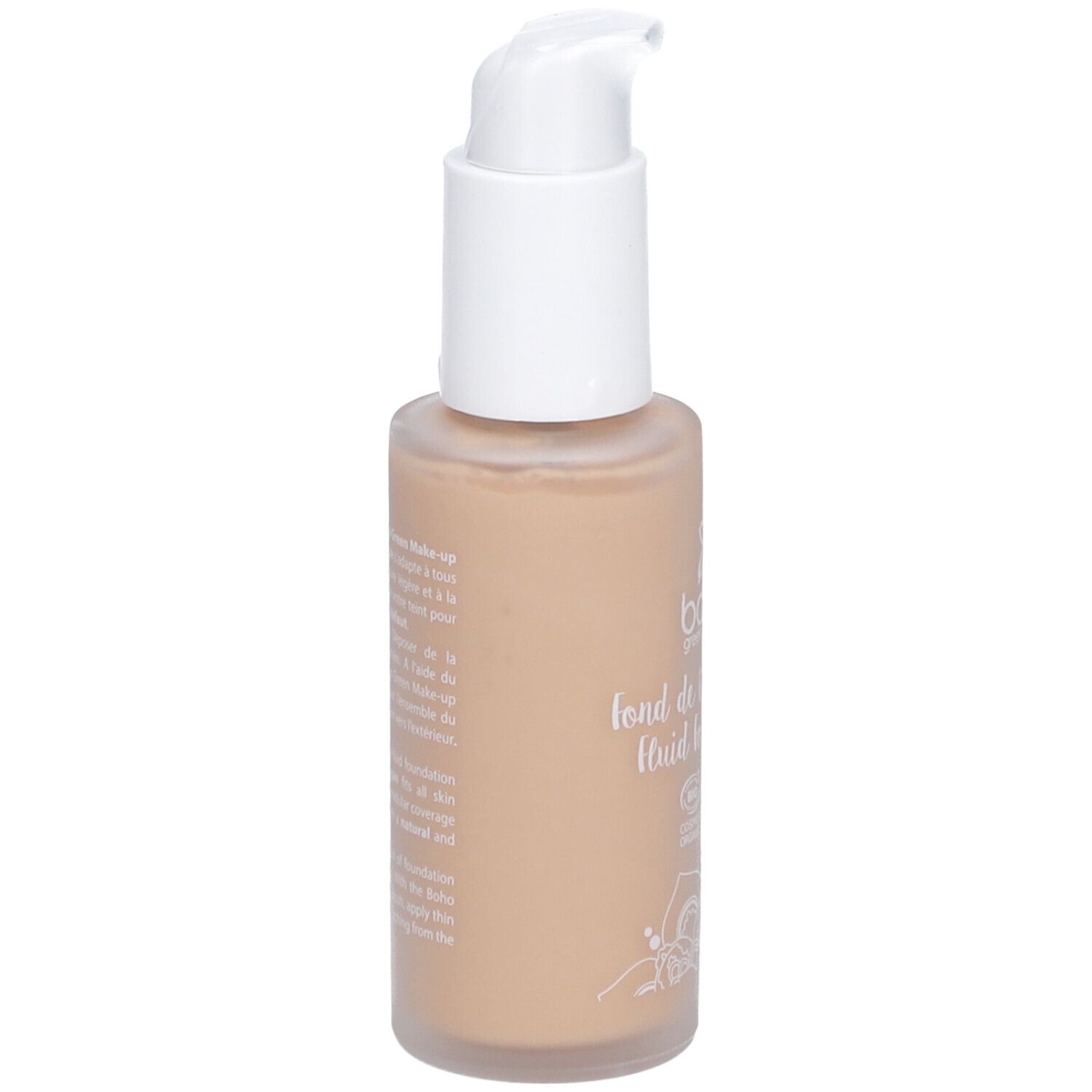 Flacon de maquillage bo-ho green make-up. Teinte beige doré. Avec pompe blanche. Texte au dos.