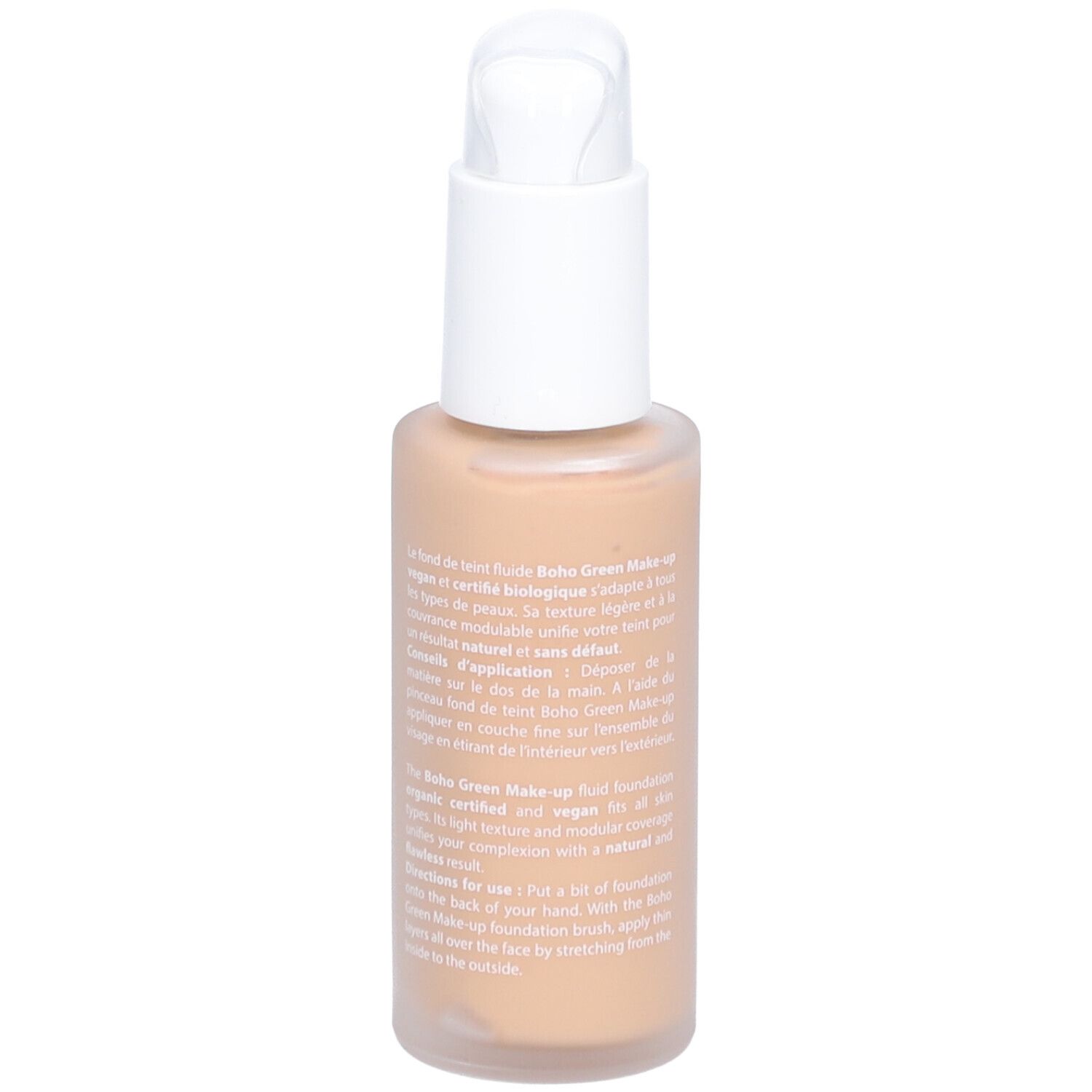 Flacon de maquillage bo-ho green make-up. Teinte beige doré. Avec pompe blanche. Texte au dos.