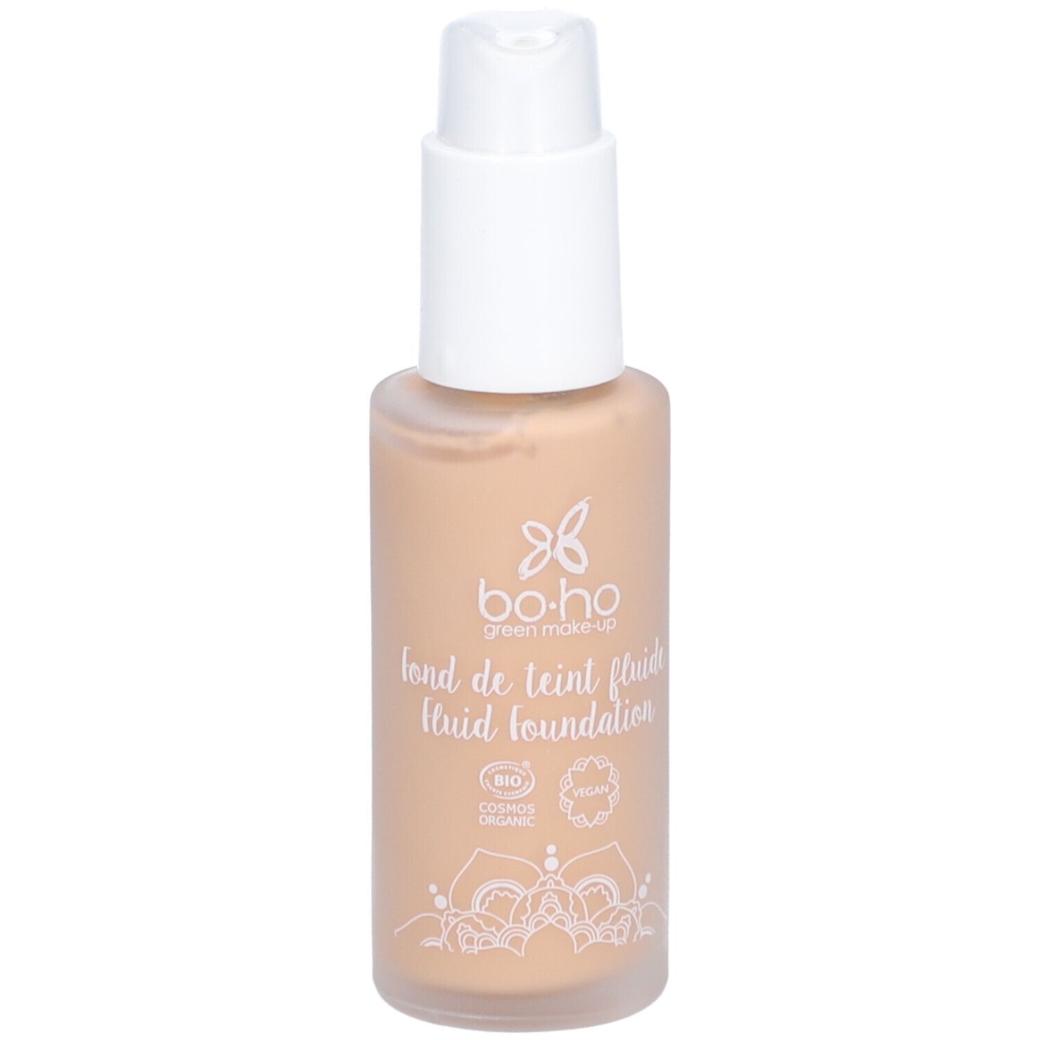 Fond de teint fluide bo-ho green make-up. Teinte beige doré. Flacon avec pompe et bouchon blanc. Certifié bio et vegan.