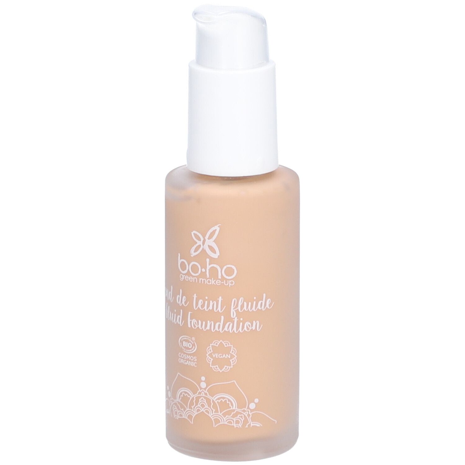 Fond de teint fluide bo-ho green make-up. Teinte beige doré. Flacon avec pompe et bouchon blanc. Certifié bio et vegan.