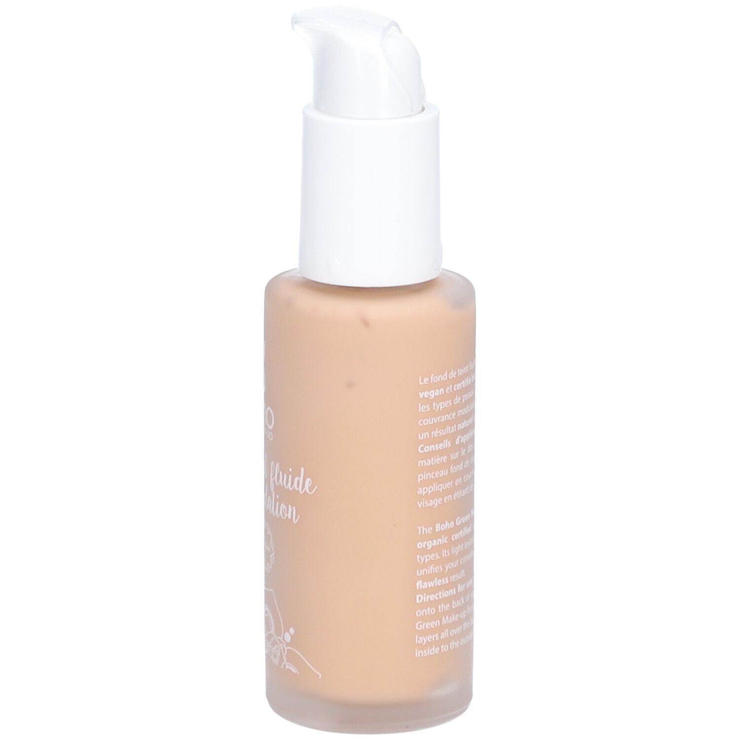 Flacon de maquillage bo-ho green make-up. Teinte beige doré. Avec pompe blanche. Texte au dos.