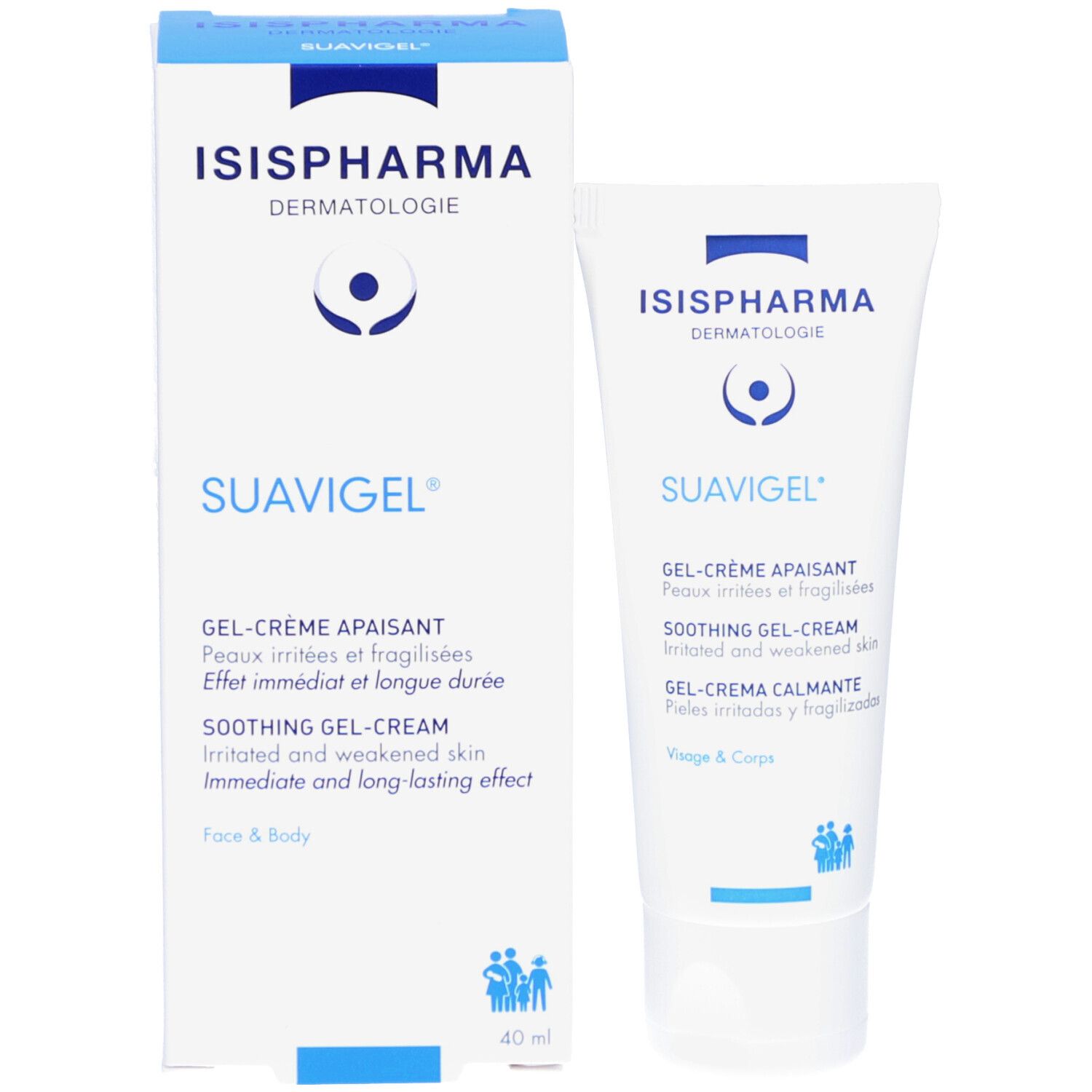Emballage et tube. Inscriptions: ISISPHARMA, SUAVIGEL, Gel-Crème Apaisant. Pour visage & corps. 40 ml.