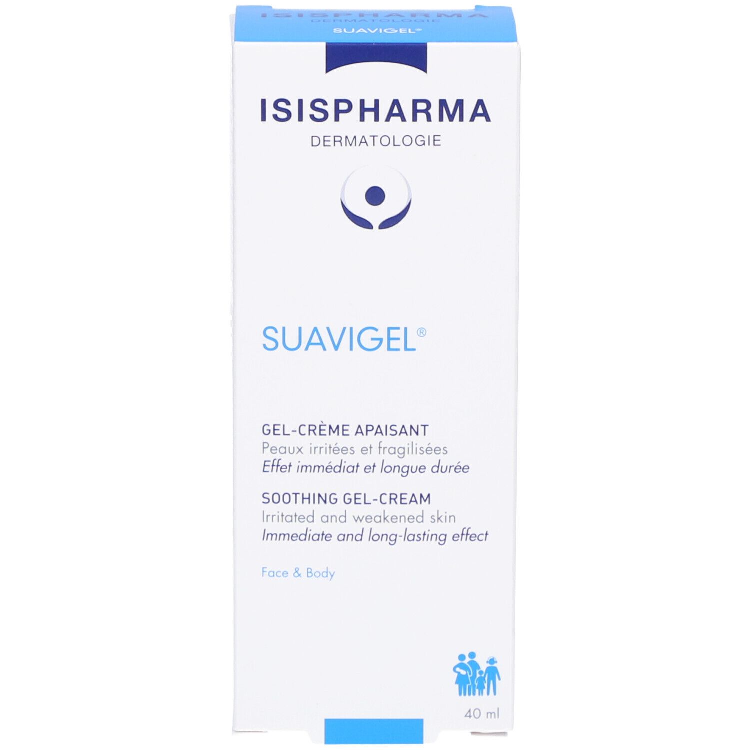 Emballage du produit. Inscriptions: ISISPHARMA, SUAVIGEL, Gel-Crème Apaisant. Pour visage & corps. 40 ml.