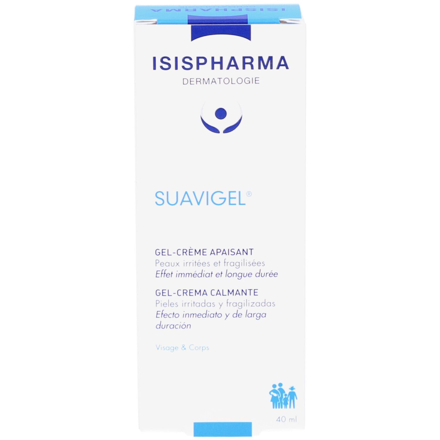 Emballage du produit. Inscriptions: ISISPHARMA, SUAVIGEL, Gel-Crème Apaisant. Pour visage & corps. 40 ml.