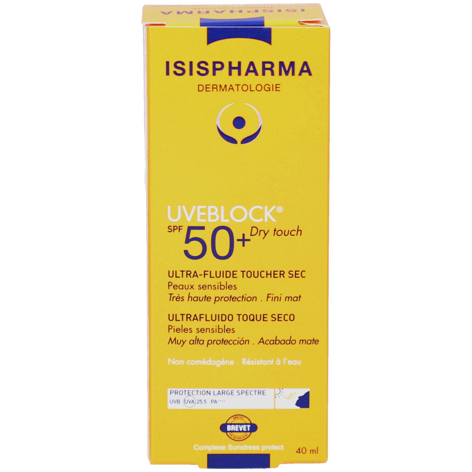 Boîte jaune ISISPHARMA Uveblock SPF 50+ Dry Touch. Texte multilingue. 40 ml.