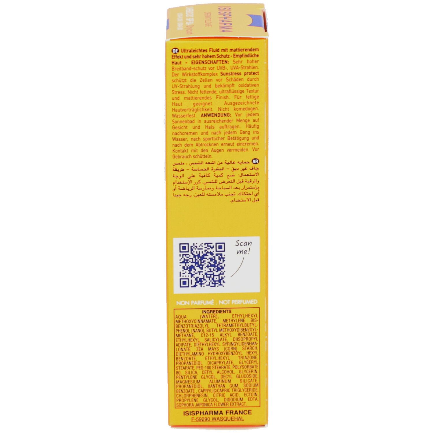 Dos de la boîte. Texte multilingue. Marque ISISPHARMA. 40 ml.