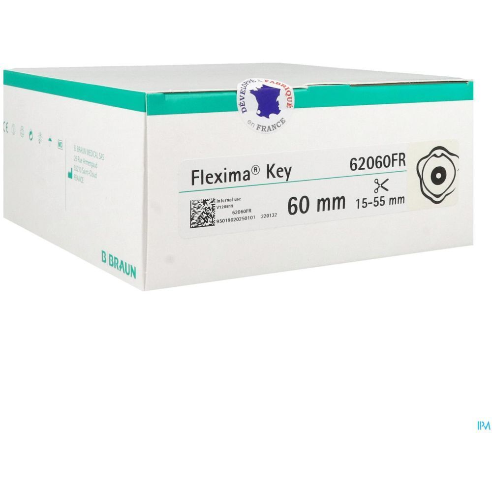 Verpakking Flexima Key, 60 mm, 62060FR. Witte doos met bedrukking, barcode en Frans kwaliteitszegel.