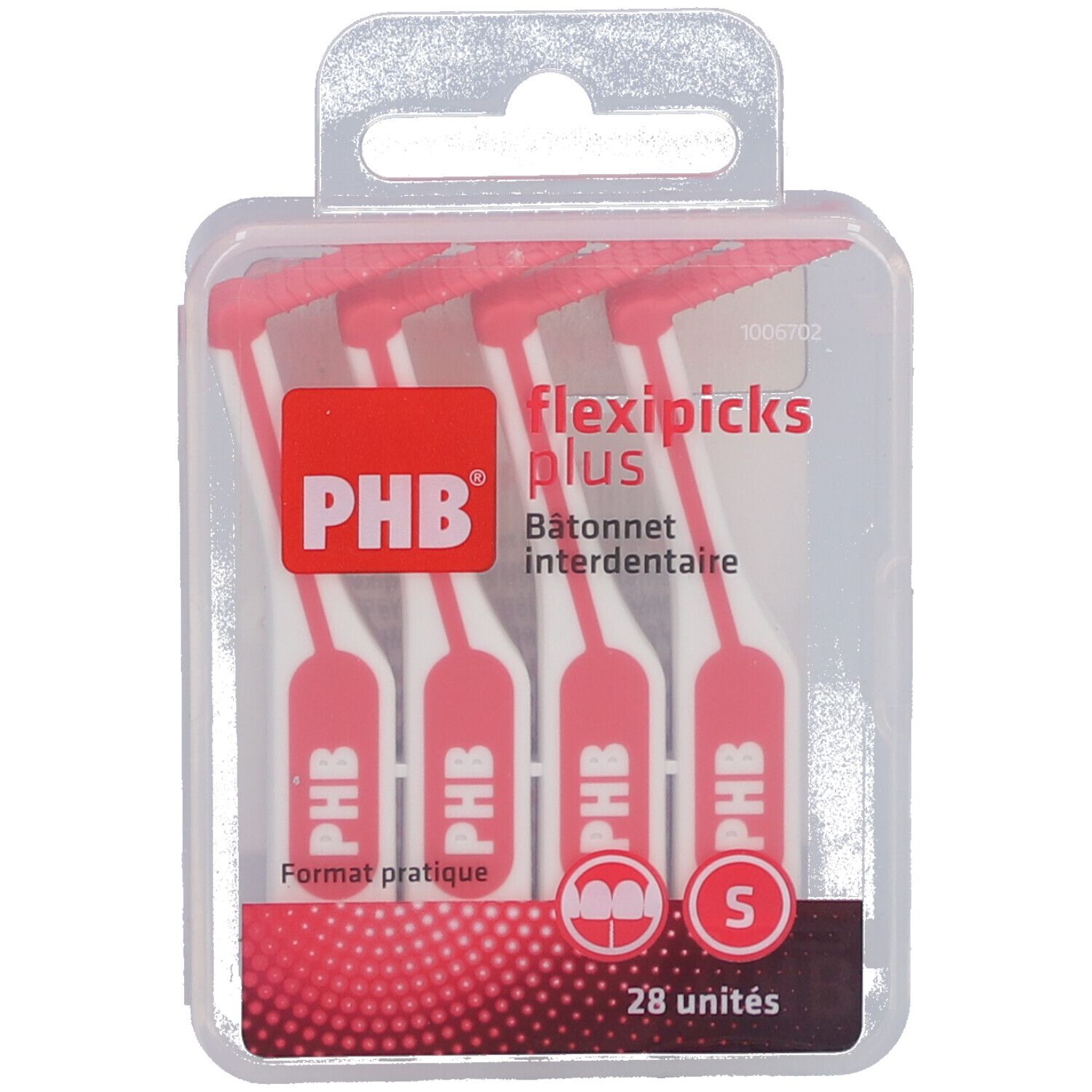 Paquet de PHB Flexipicks Plus. Brossettes interdentaires roses et blanches dans un emballage plastique. 28 unités.