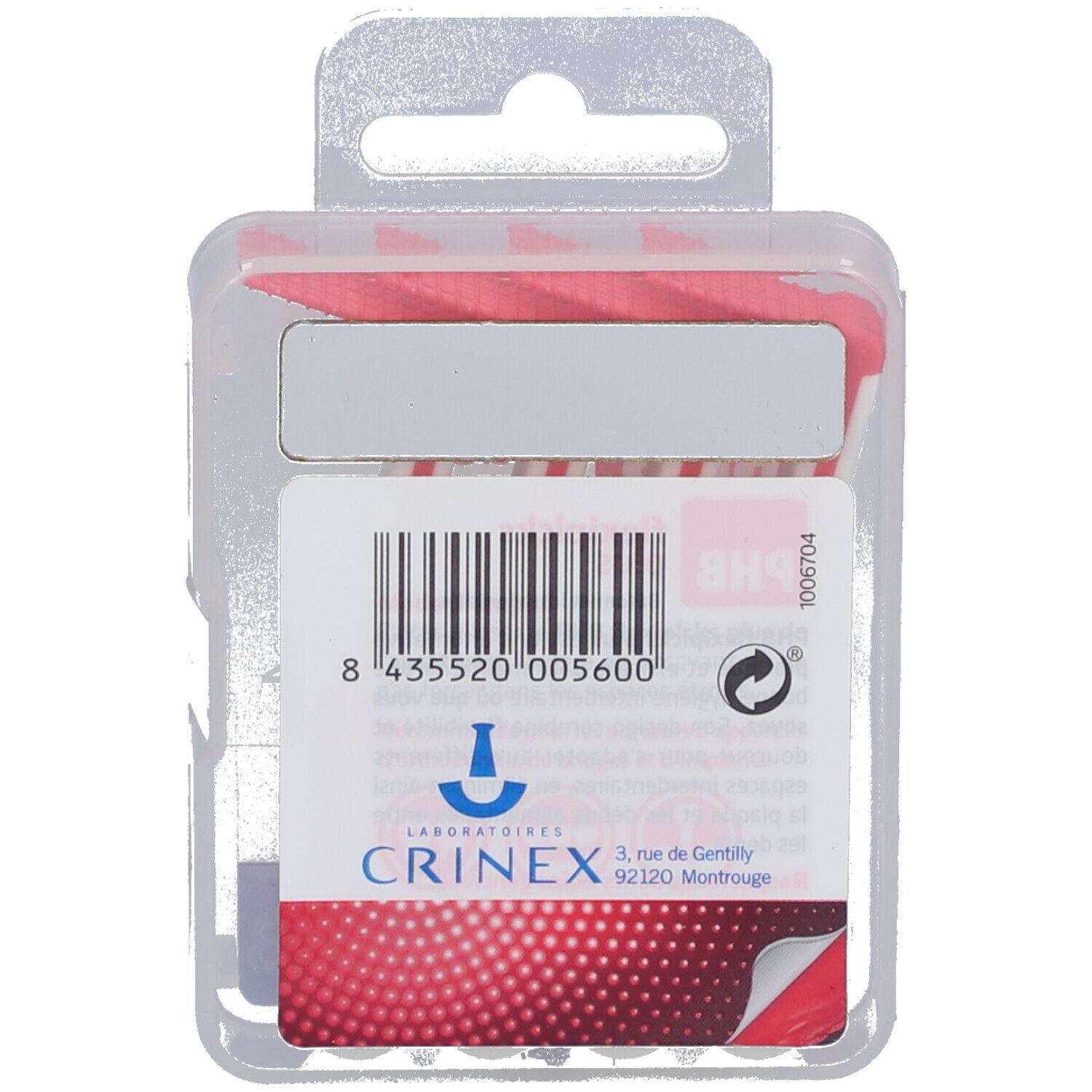 Dos du paquet de PHB Flexipicks Plus. Code-barres et informations de CRINEX Laboratoires.