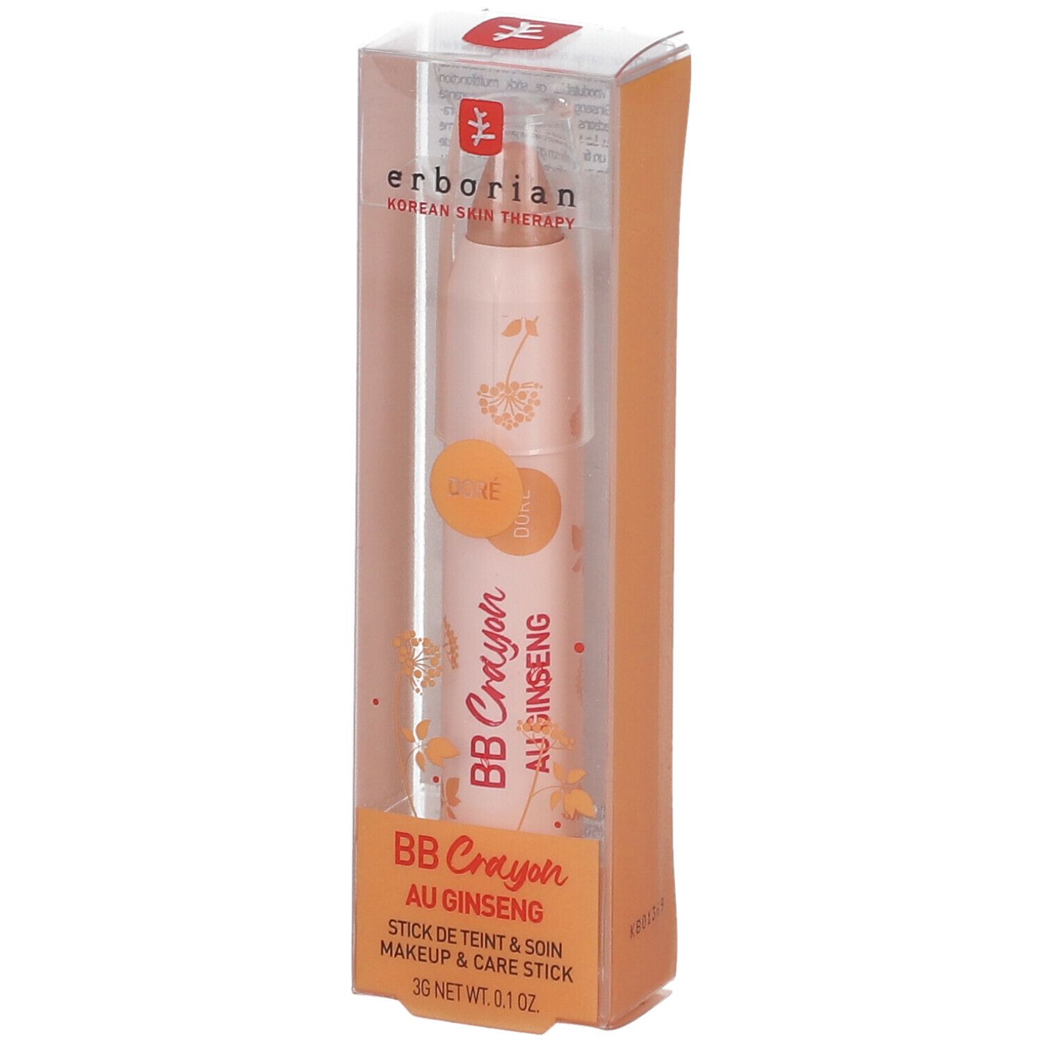 BB Crayon au Ginseng dans son emballage. Crayon rose dans un étui transparent. Inscription: erborian, BB Crayon, AU GINSENG.