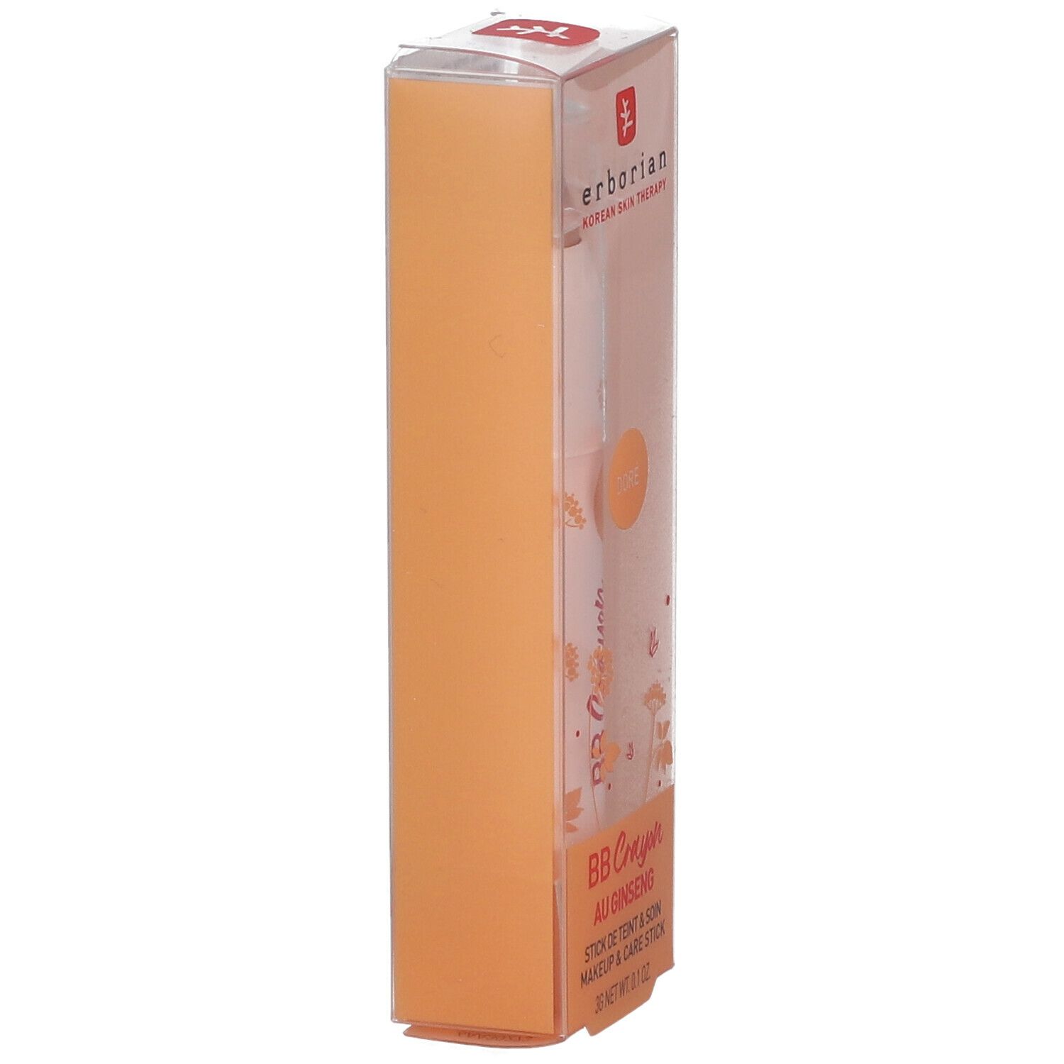 Emballage de BB Crayon au Ginseng. Étui transparent avec dos orange. Inscription: erborian, BB Crayon, AU GINSENG.