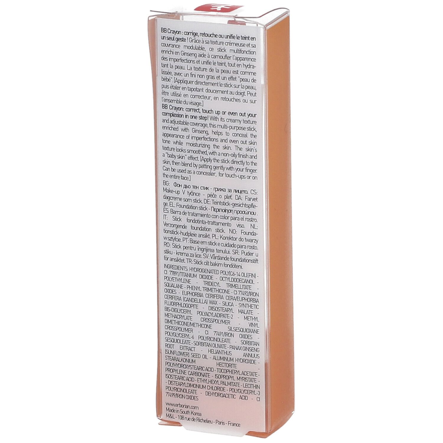 Emballage de BB Crayon au Ginseng. Boîte orange avec texte. Ingrédients et informations sur le produit.