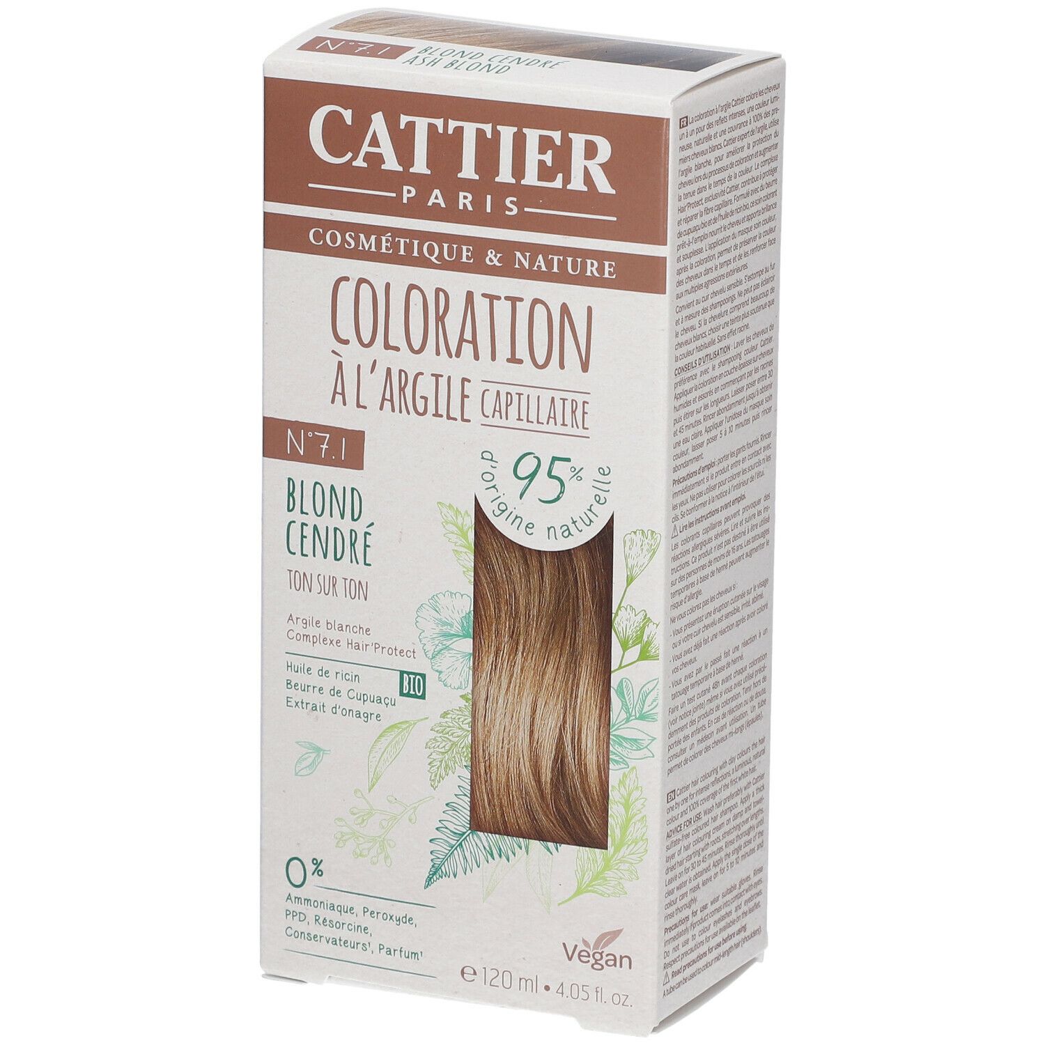 Verpakking van CATTIER haarverf 7.1 Asblond. Opschriften: 'Coloration à l'argile capillaire', '95% d'origine naturelle', 'Vegan'.