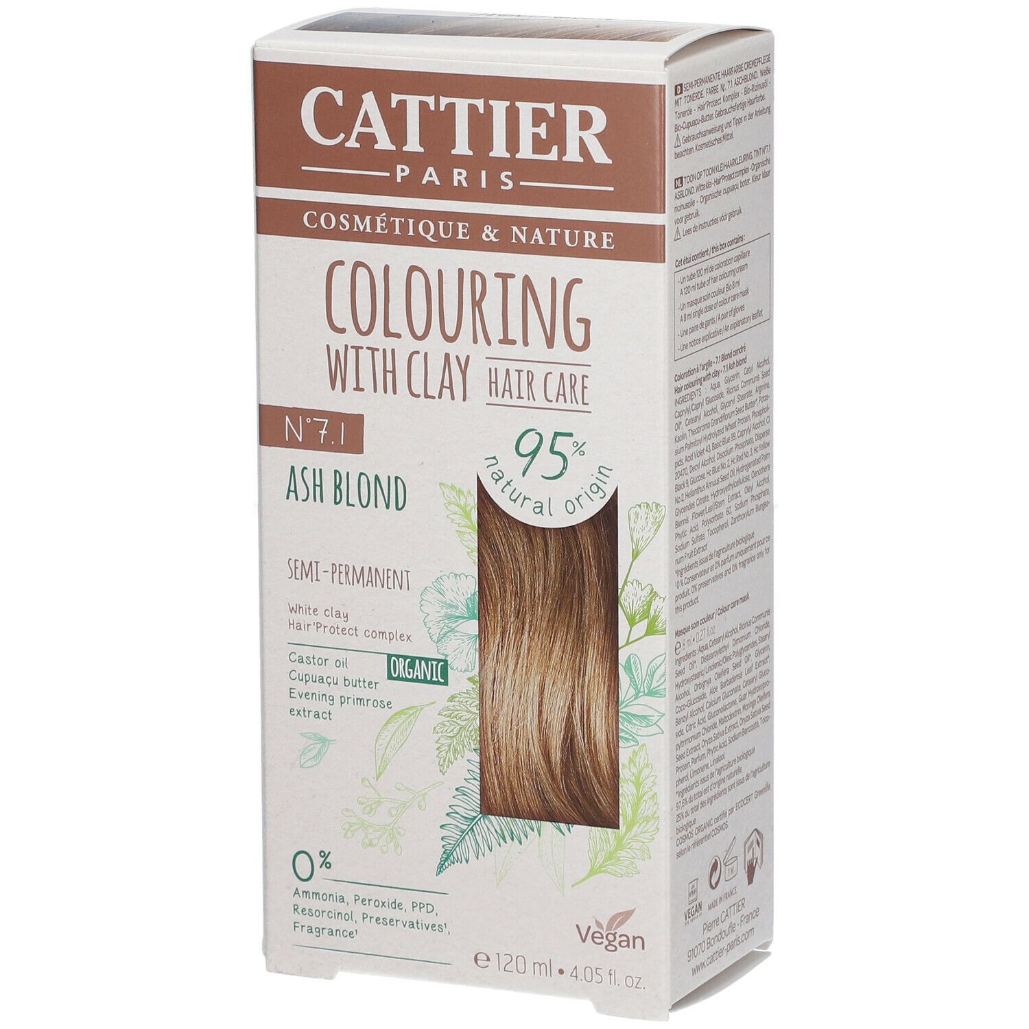 Verpakking van CATTIER haarverf 7.1 Asblond. Opschriften: 'Colouring with clay hair care', '95% natural origin', 'Vegan'.