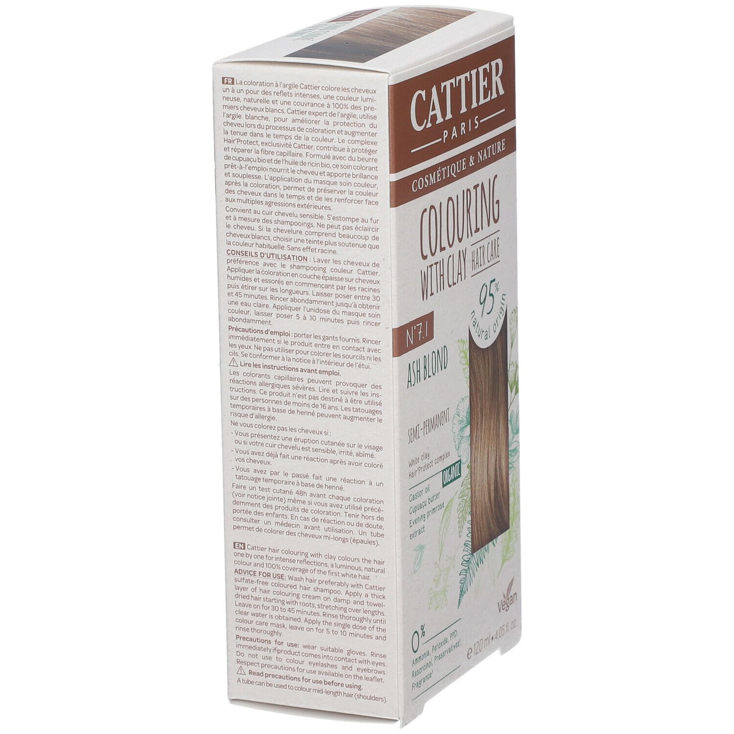 Zijaanzicht van de CATTIER haarverfverpakking 7.1 Asblond. Tekst: 'Colouring with clay hair care', '95% natural origin', 'Vegan'.