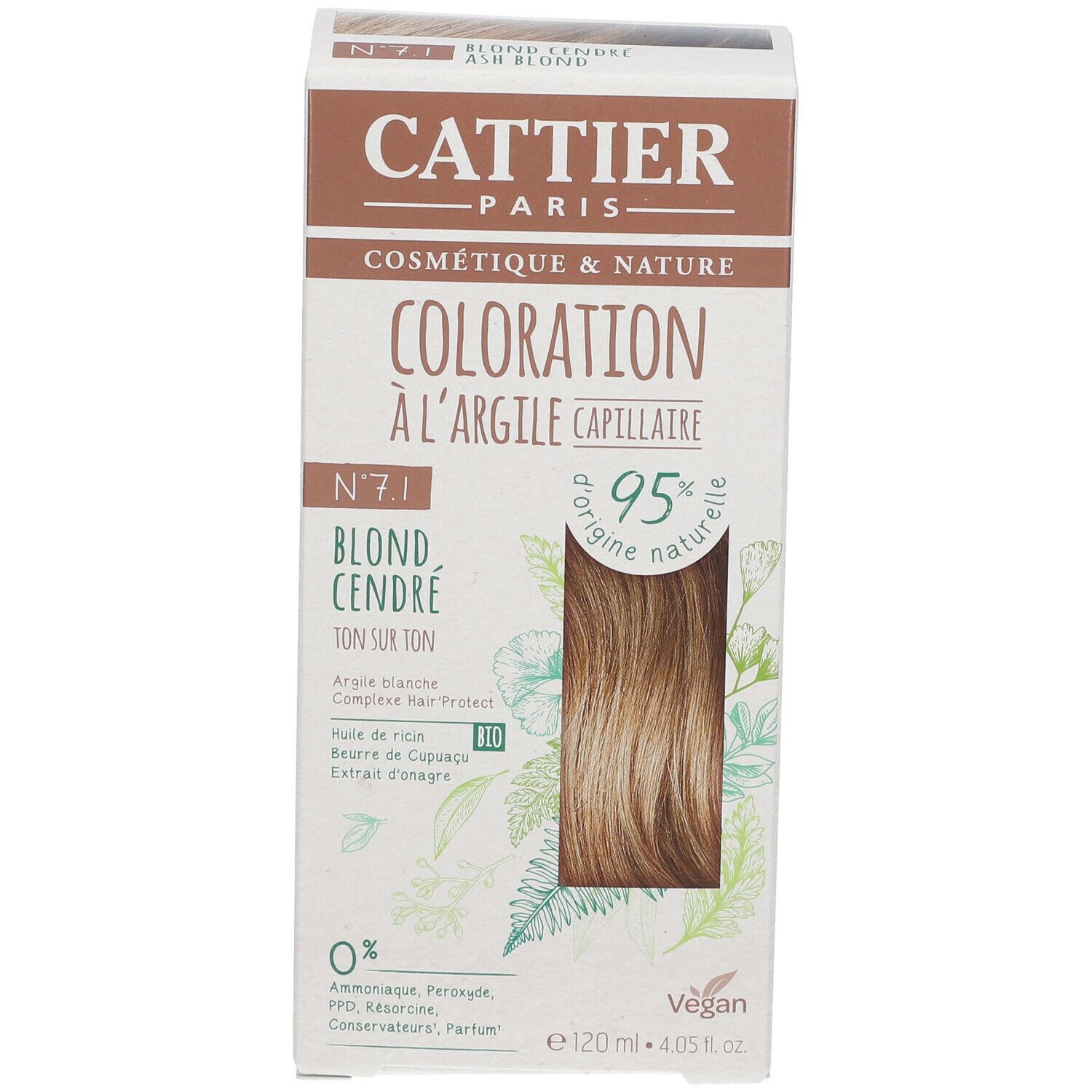 Verpakking van CATTIER haarverf 7.1 Asblond. Opschriften: 'Coloration à l'argile capillaire', '95% d'origine naturelle', 'Vegan'.