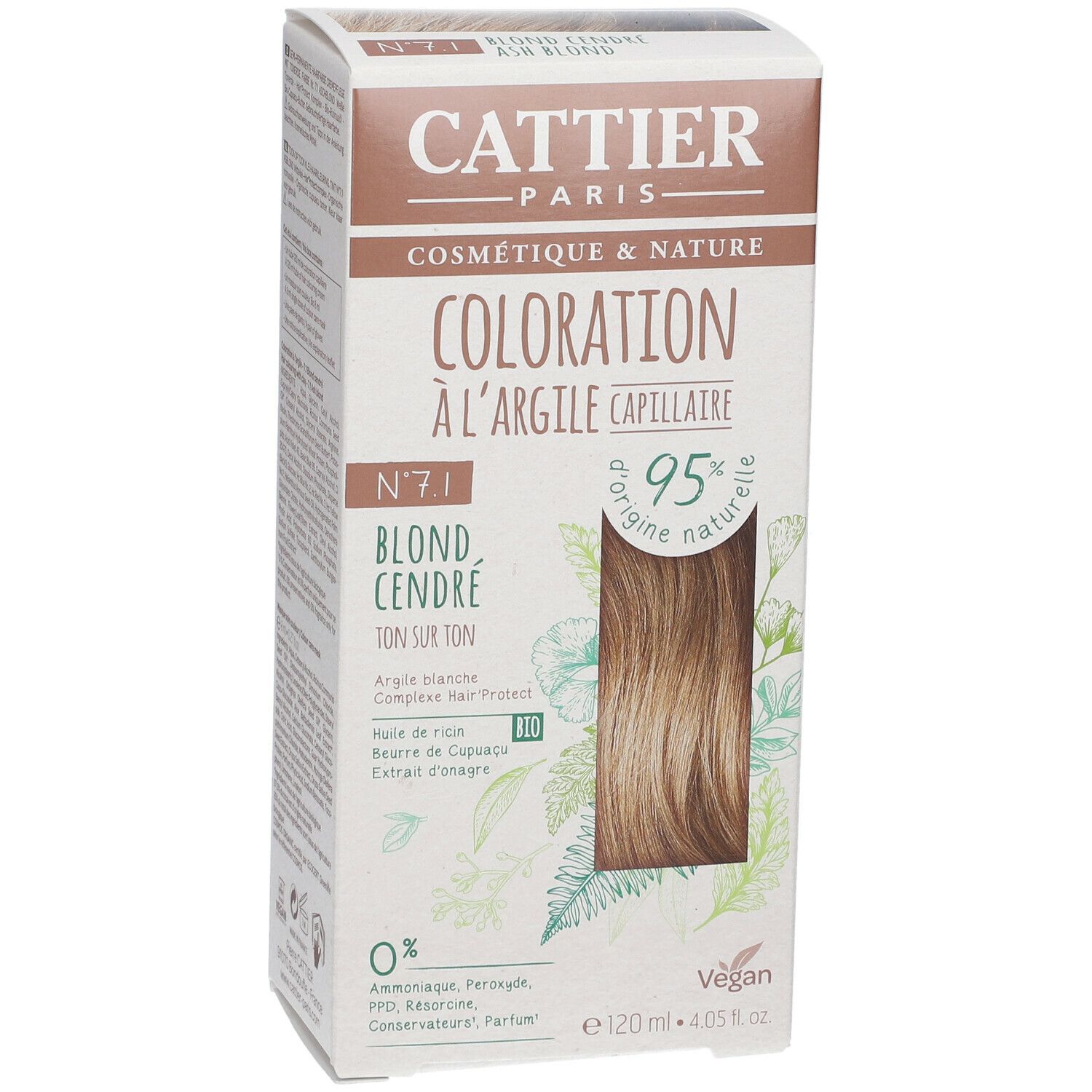 Verpakking van CATTIER haarverf 7.1 Asblond. Opschriften: 'Coloration à l'argile capillaire', '95% d'origine naturelle', 'Vegan'.