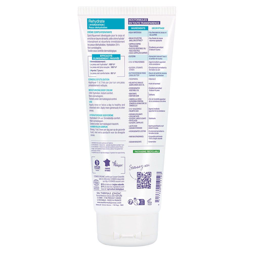 Dos du tube. Texte multilingue. Ingrédients, instructions d'utilisation et certifications visibles.