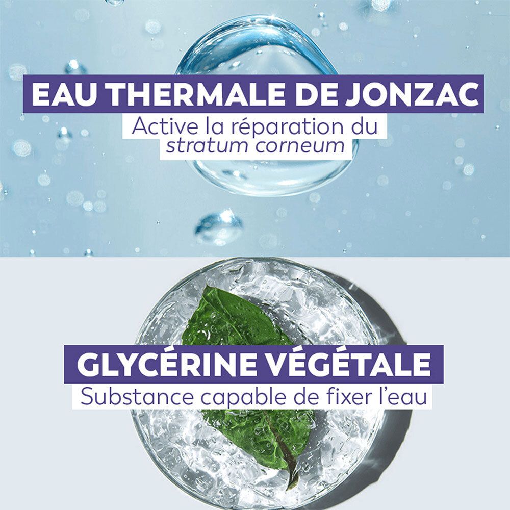 Twee transparante bakjes met water en bladeren. Tekst: Eau Thermale de Jonzac, Glycérine Végétale. Bakjes op blauwe achtergrond.
