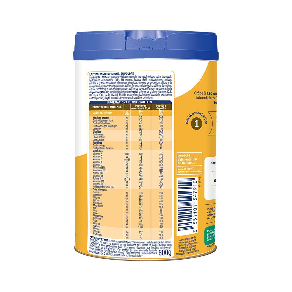 Achterkant van het blik Picot Bébé Gourmand 1. Bevat voedingsinformatie en ingrediënten.