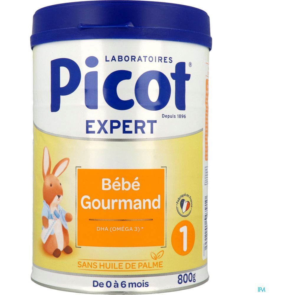 Blik Picot Expert Bébé Gourmand 1. Geel blik met blauw deksel. Konijn illustratie.