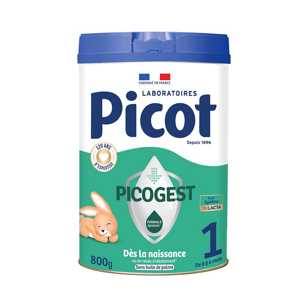 Blik Picot Expert Picogest 1, 800g. Blauwe deksel. Logo en konijn. Voor baby's vanaf de geboorte. Zonder palmolie.