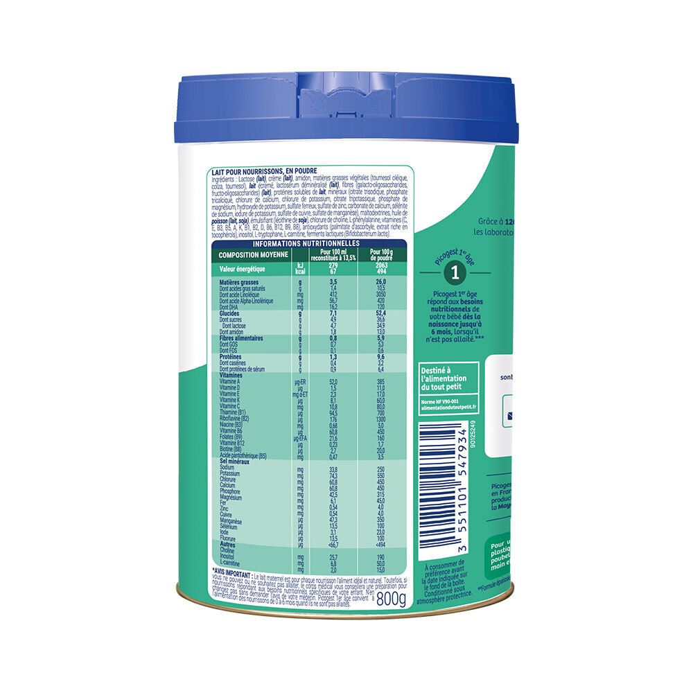 Achterkant van het blik Picot Expert Picogest 1. Voedingswaarde-informatie. Ingrediënten. Informatie voor baby's.