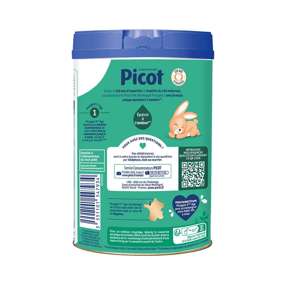 Achterkant van het blik Picot Expert Picogest 1. Contactgegevens. QR-code. Informatie over de productie.