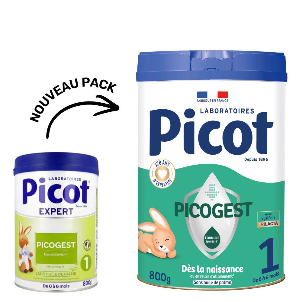 Twee blikken Picot Expert Picogest 1. Een klein blik en een groot blik. Met pijl en tekst 'NIEUW'.