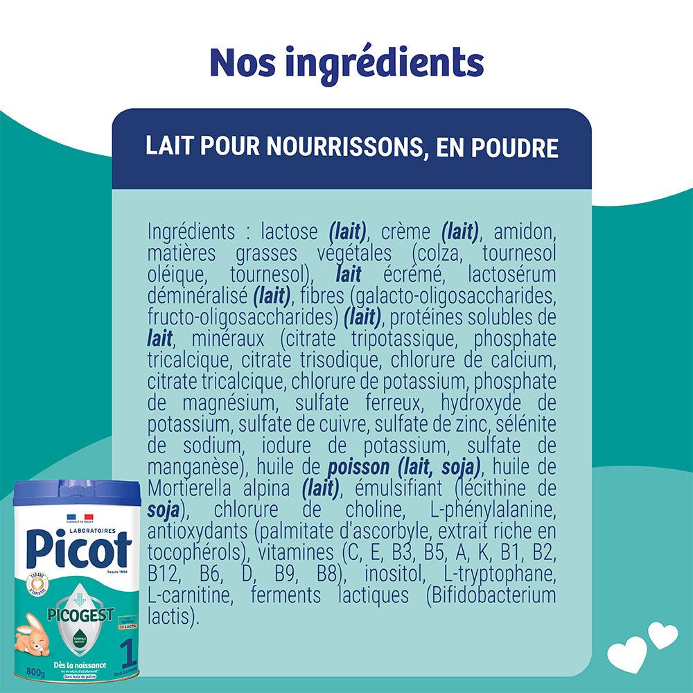 Liste des ingrédients du lait en poudre Picogest 1er âge, en français.