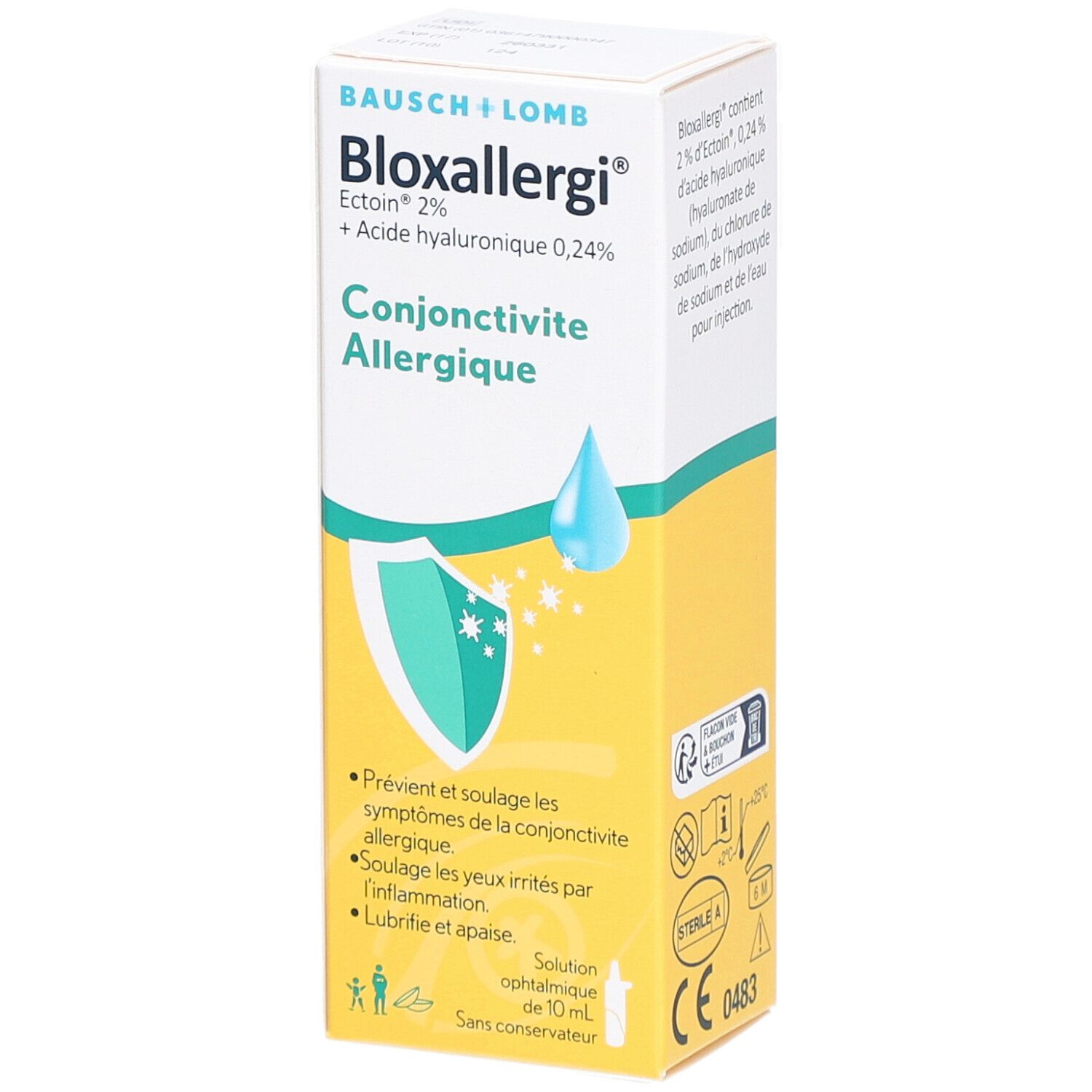 Doosje Bloxallergi voor allergische conjunctivitis. Bevat Ectoïne 2% en hyaluronzuur 0,24%. Druppelsymbool.