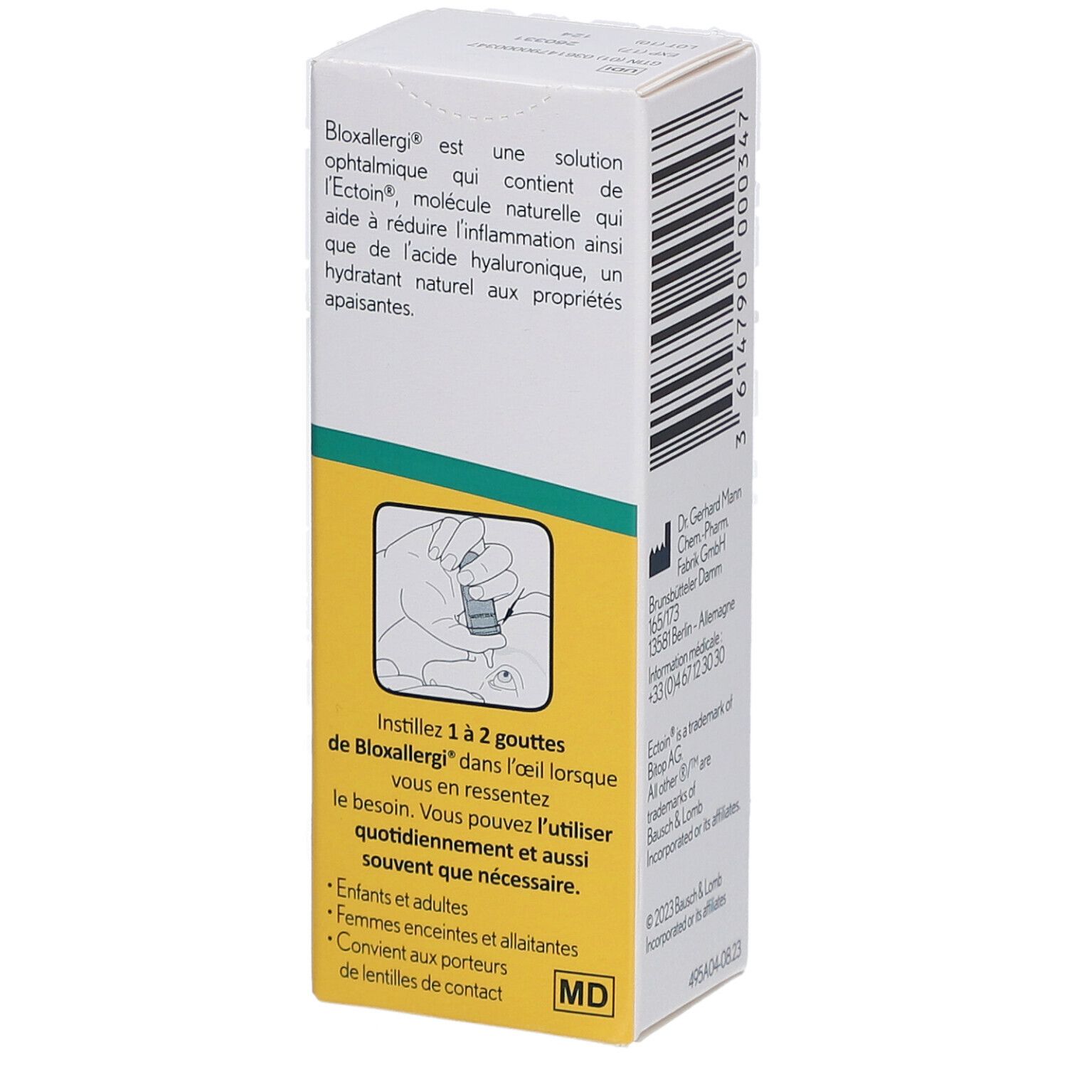 Zijkant van de Bloxallergi-verpakking. Gebruiksaanwijzing. Toont een hand die druppels in het oog druppelt.