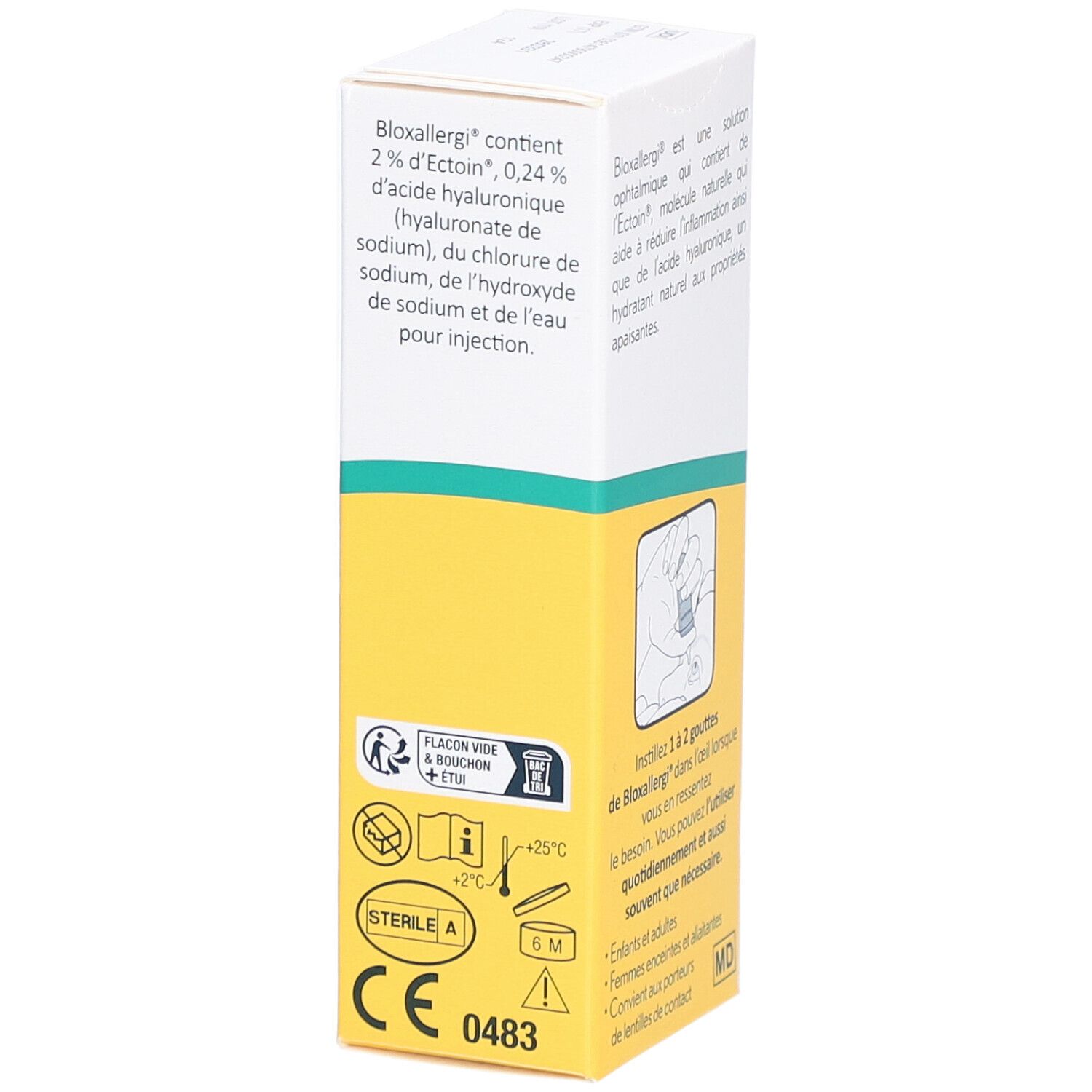Zijkant van de Bloxallergi-verpakking. Informatie over ingrediënten en opslag. Steriel symbool.
