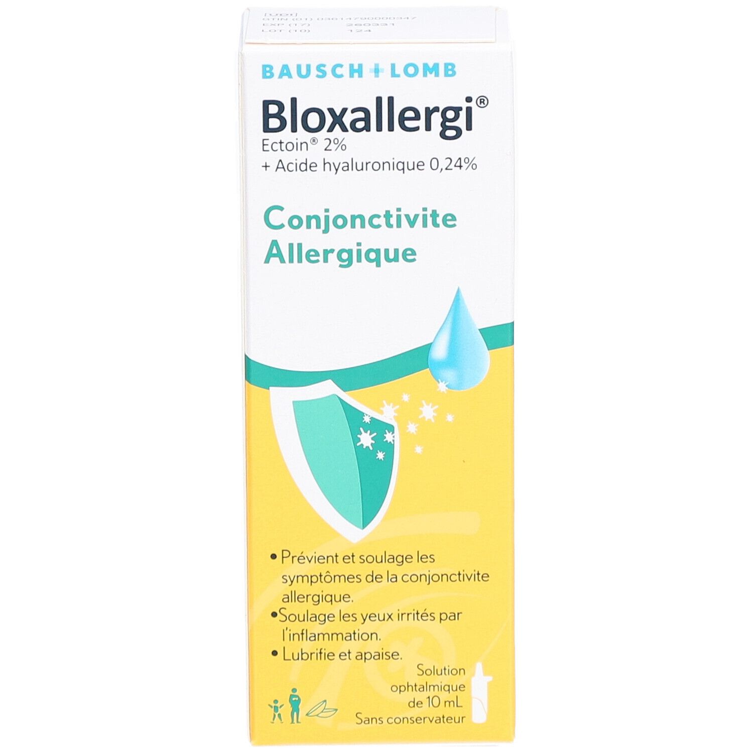 Voorkant van de Bloxallergi-verpakking. Productnaam, ingrediënten en indicatie: conjunctivitis.
