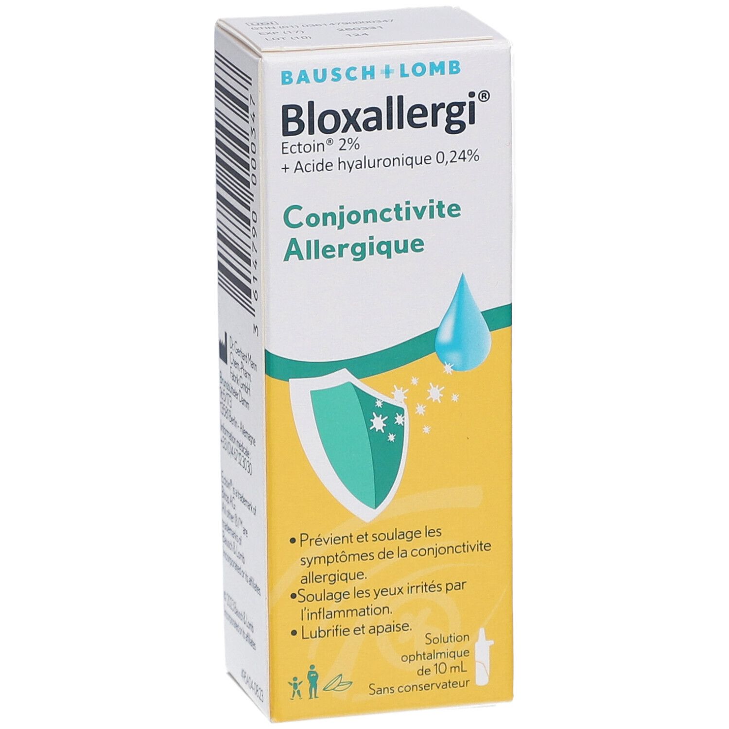 Voorkant van de Bloxallergi-verpakking. Productnaam, ingrediënten en indicatie: conjunctivitis.