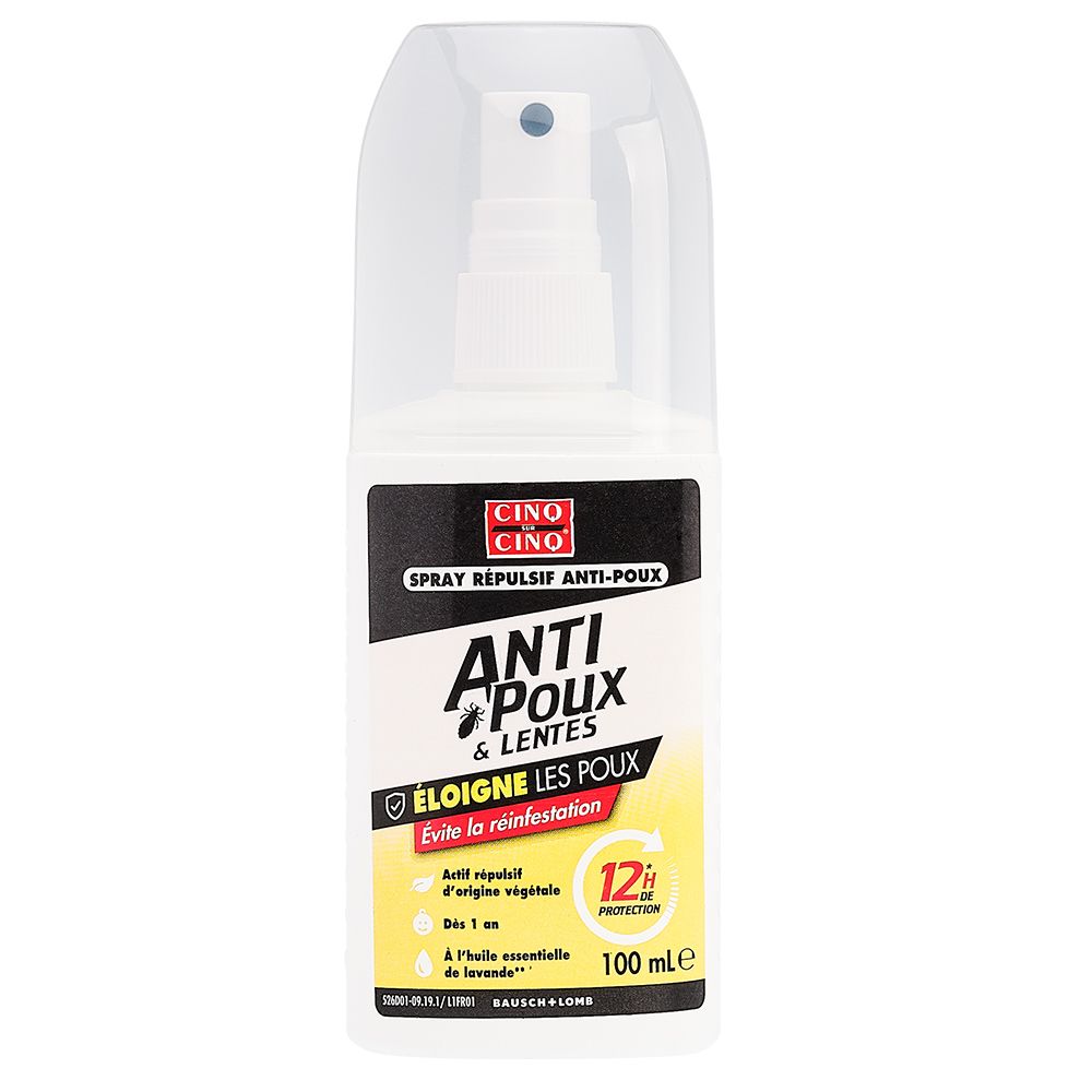 Spray blanc avec bouchon transparent. Inscription: Cinq sur Cinq, Anti-Poux & Lentes. Protection 12h.