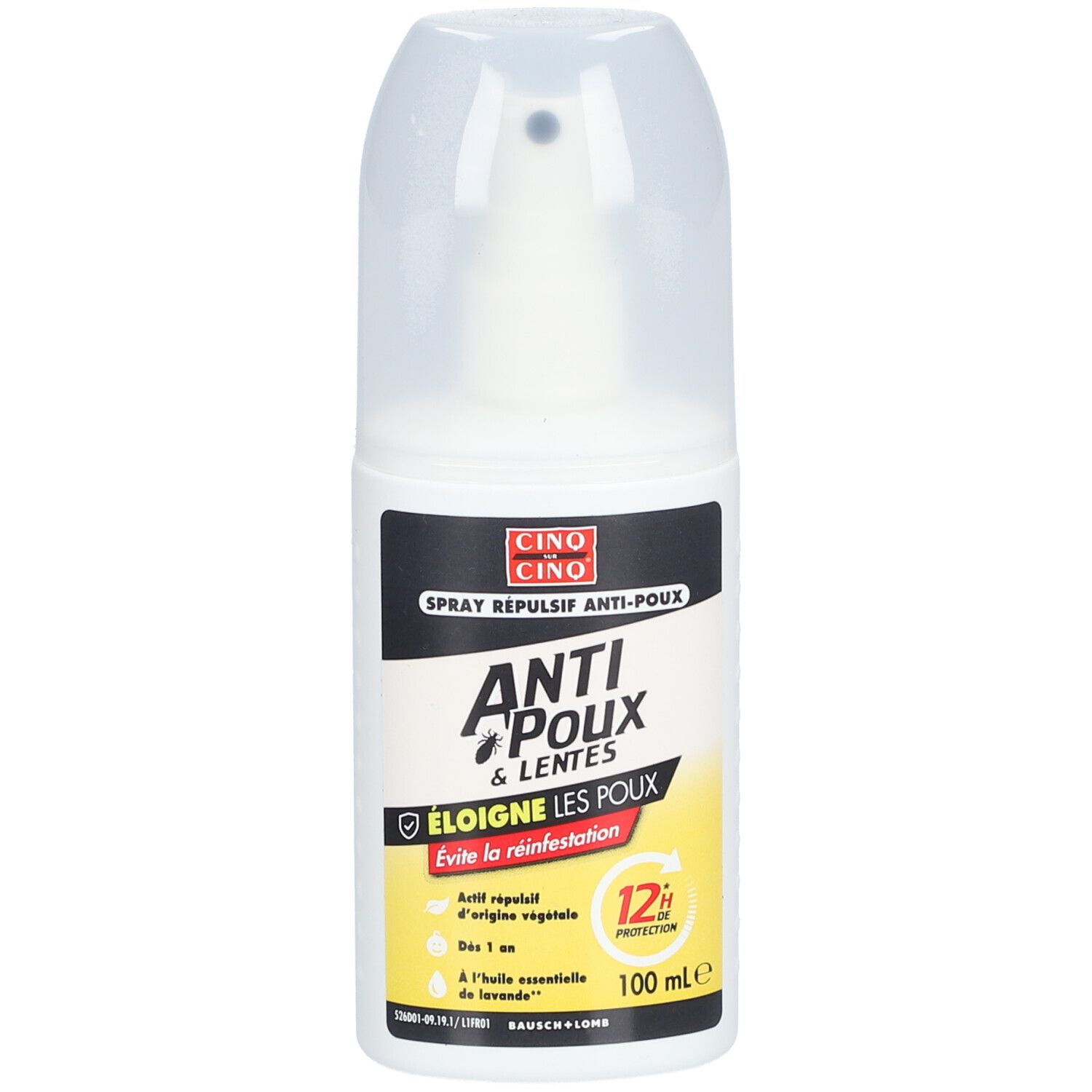 Spray blanc avec bouchon transparent. Inscription: Cinq sur Cinq, Anti-Poux & Lentes. Protection 12h.