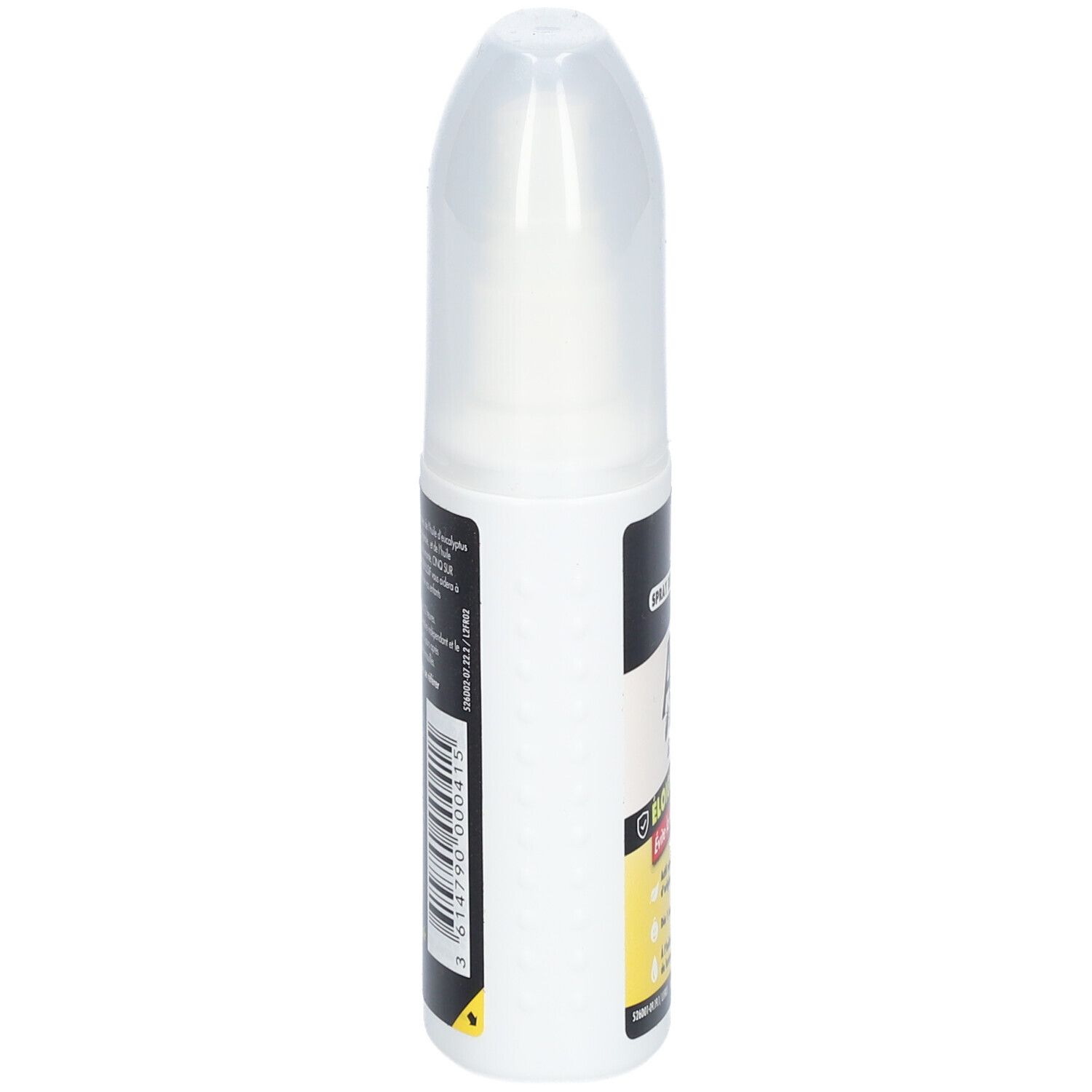 Vue latérale du spray blanc avec bouchon transparent. Inscription: Cinq sur Cinq, Anti-Poux & Lentes.
