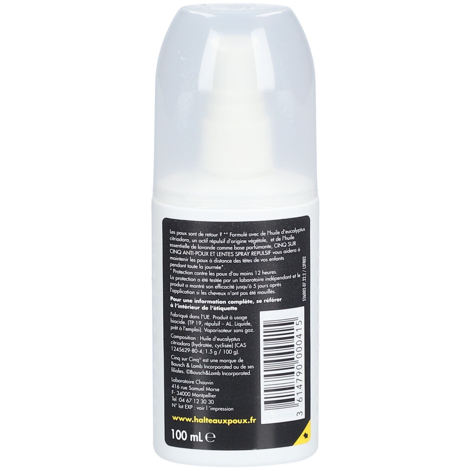 Dos du spray blanc avec bouchon transparent. Informations textuelles et code-barres.