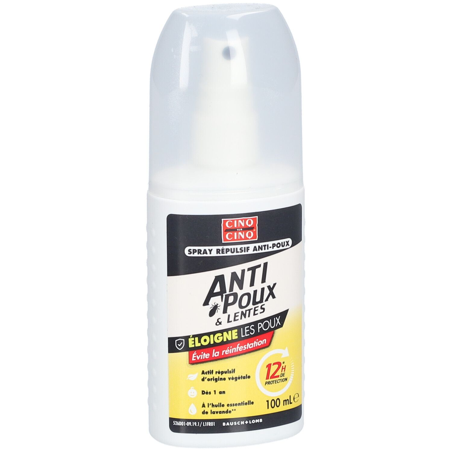 Spray blanc avec bouchon transparent. Inscription: Cinq sur Cinq, Anti-Poux & Lentes. Protection 12h.