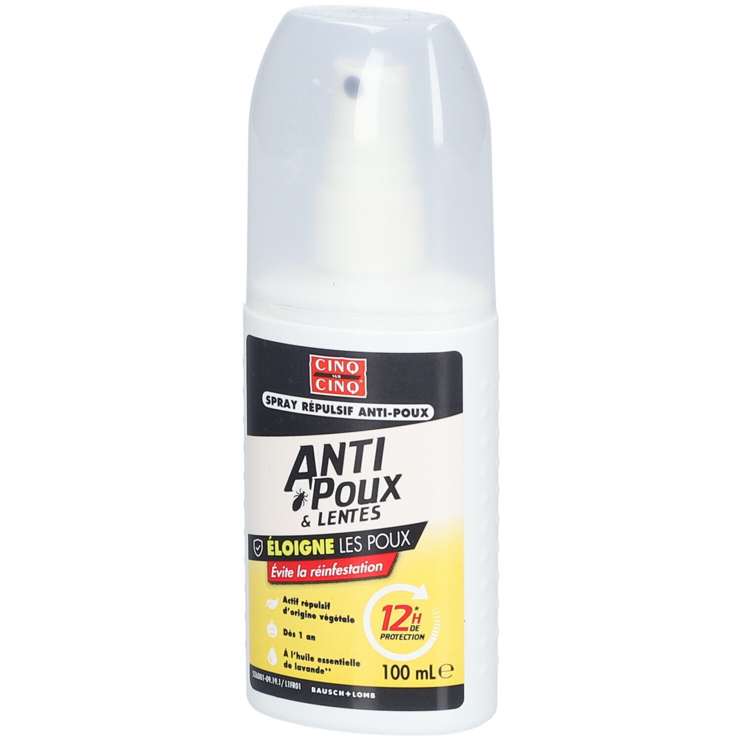 Spray blanc avec bouchon transparent. Inscription: Cinq sur Cinq, Anti-Poux & Lentes. Protection 12h.