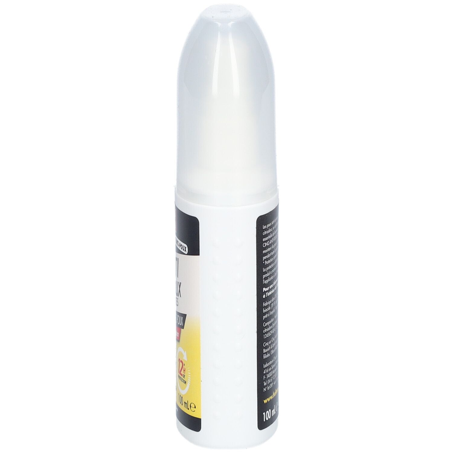 Vue latérale du spray blanc avec bouchon transparent. Inscription: Cinq sur Cinq, Anti-Poux & Lentes.