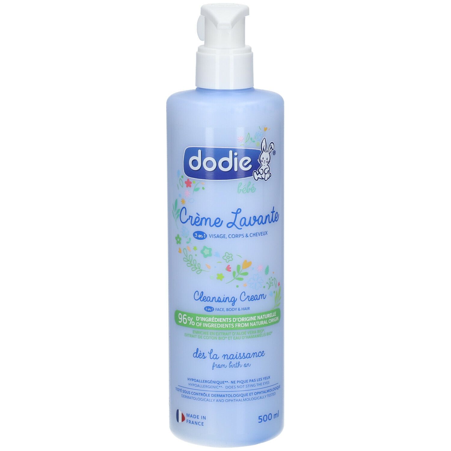 Bouteille bleue avec pompe blanche, Dodie Crème Lavante, 500ml.