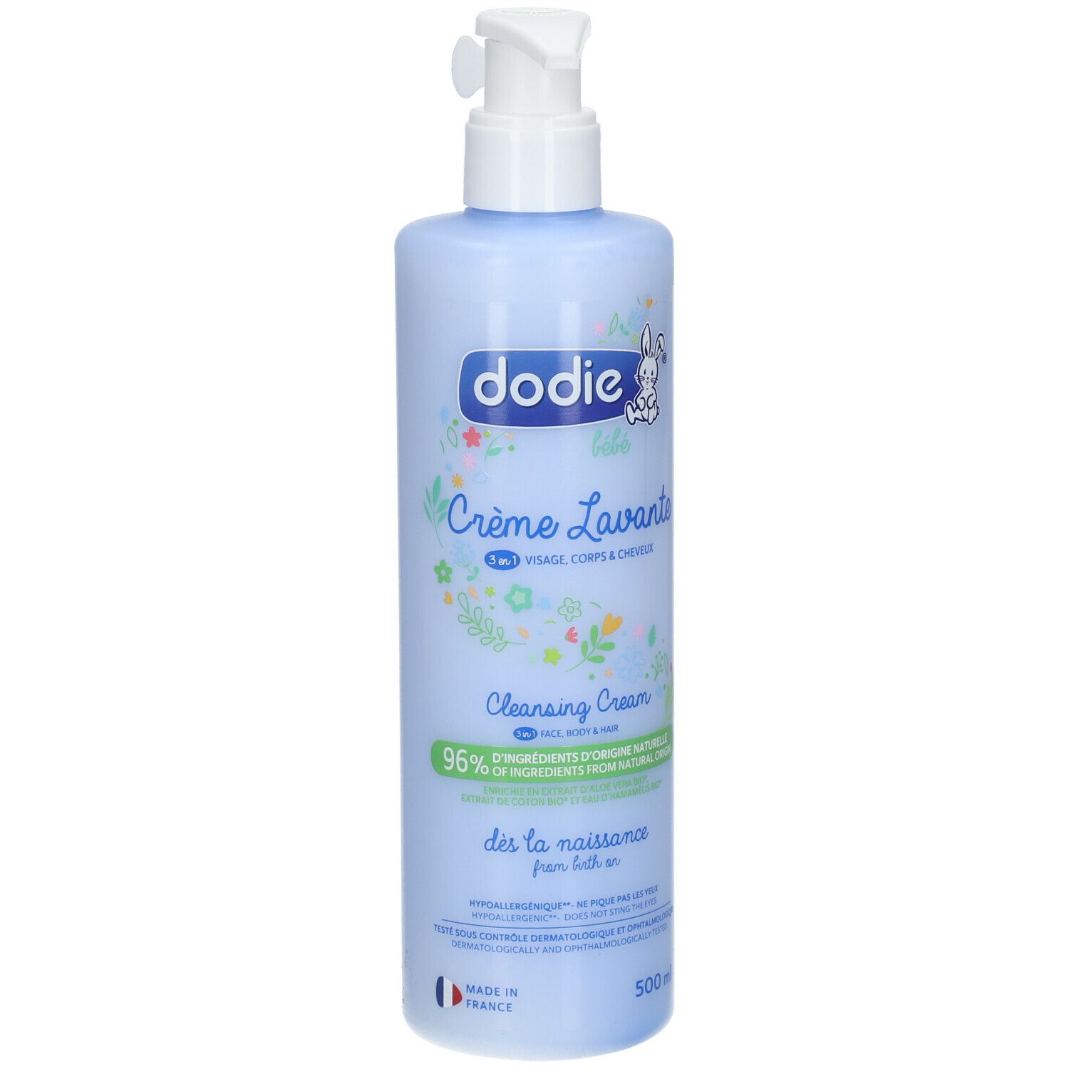 Flacon bleu clair avec pompe blanche. Dodie Crème Lavante 3-en-1 visage, corps et cheveux. 96% d'ingrédients d'origine naturelle.
