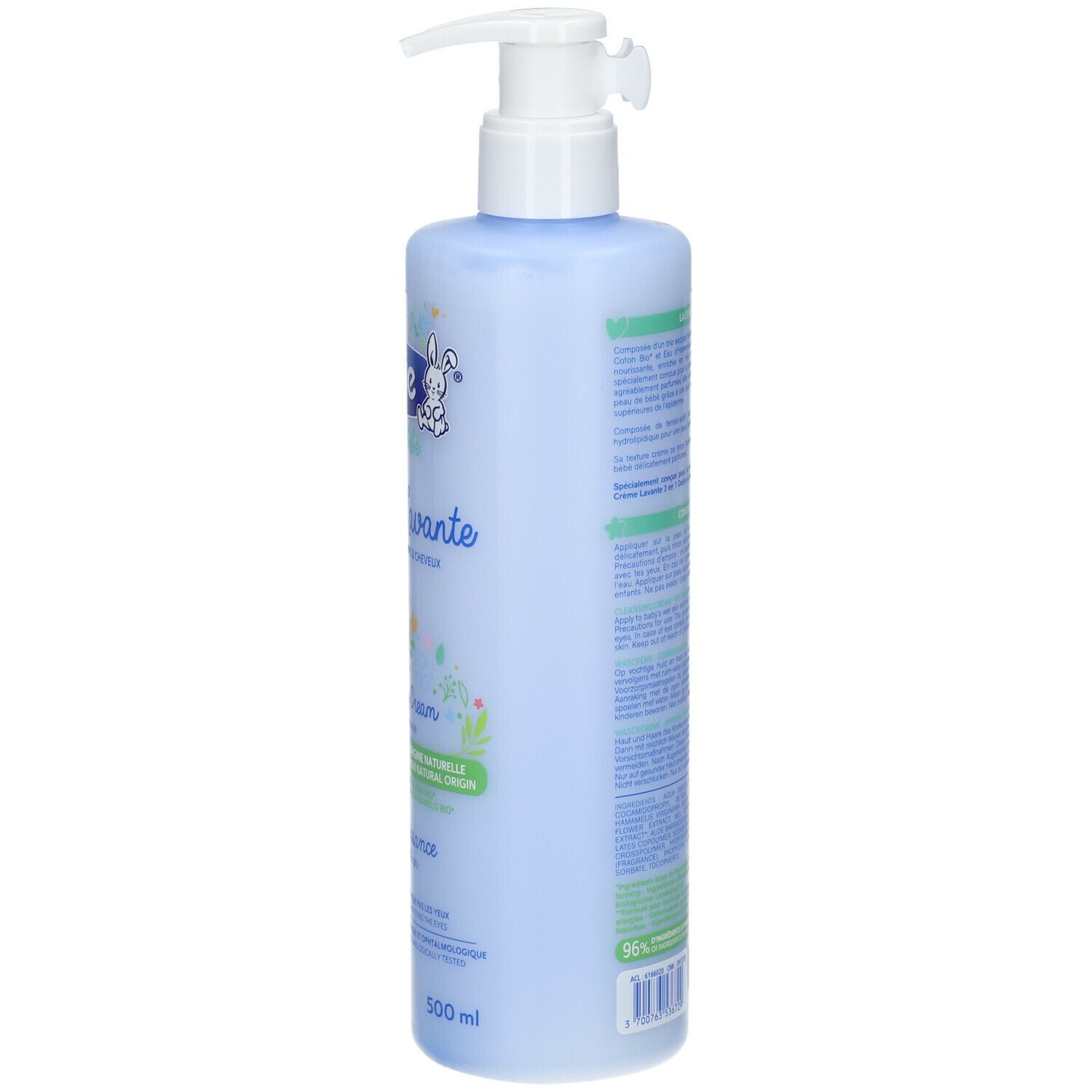 Flacon bleu clair avec distributeur à pompe blanc, 500 ml.