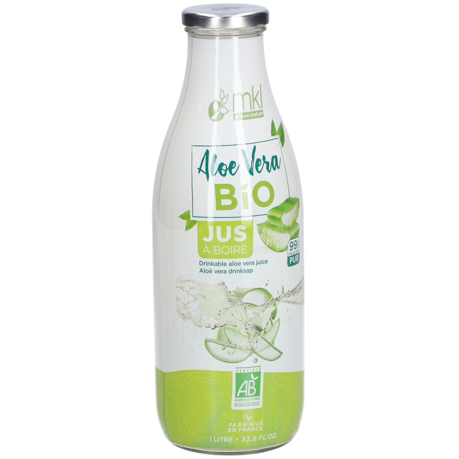 Bouteille en verre de jus d'aloe vera. Étiquette avec nom du produit, label bio et illustration d'aloe vera. Bouchon métallique.