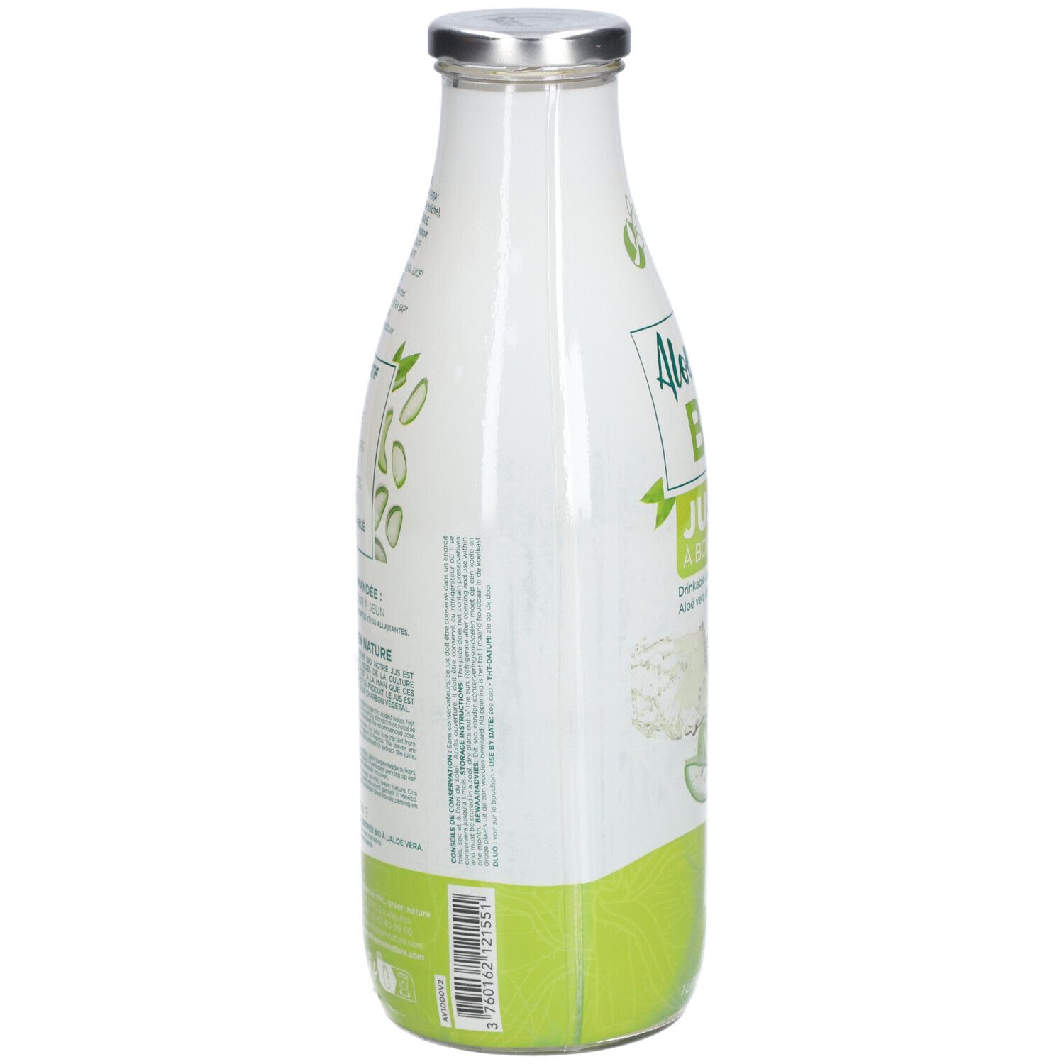 Vue latérale de la bouteille de jus d'aloe vera. Étiquette avec texte et code-barres. Bande verte en bas.